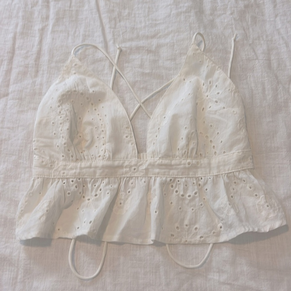 White Cotton Eyelet Peplum Crop Top Criss Cross Back Straps Size Small